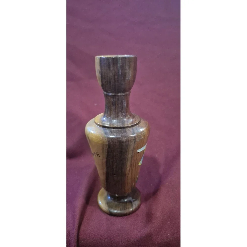 1919 Antique Olive Wooden Bud Vase Kepkypa  Hand Painted 5.5 Inch Woman Mushroom